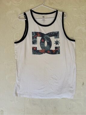 DC White Tank Top with Navy Tropical Logo and Black Trim